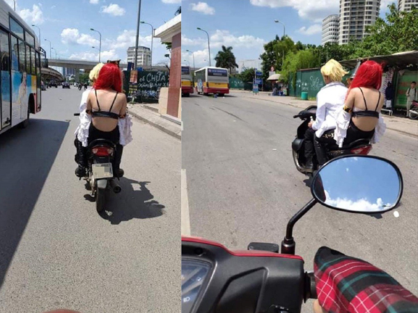 Nóng mắt với cô gái mặc áo lót đi xe máy giữa thời tiết hơn 40 độ C tại Hà Nội