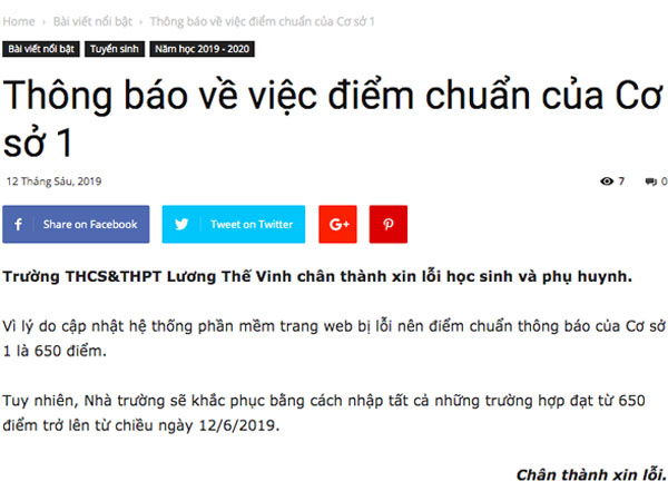 Trường Lương Thế Vinh xin lỗi vì nhầm lẫn nên bất ngờ thay đổi điểm chuẩn giữa đêm, khiến học sinh khóc ròng