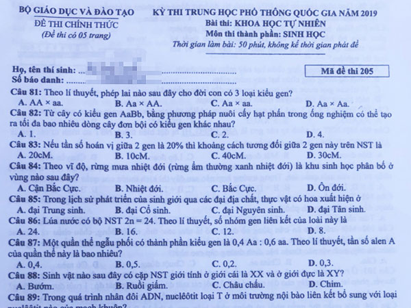 Đề môn Sinh học thi THPT quốc gia năm 2019