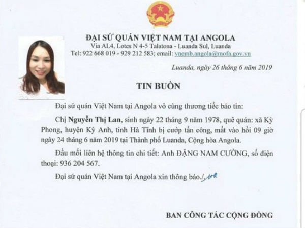 Một nữ lao động Việt bị cướp sát hại khi đang cầm túi tiền tại Angola