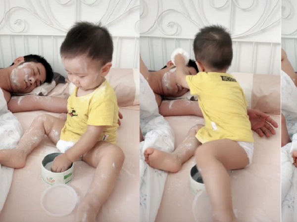 Con trai trổ tài make up cho bố đang say ngủ, nhưng gây cười nhất lại là hành động hồn nhiên sau đó