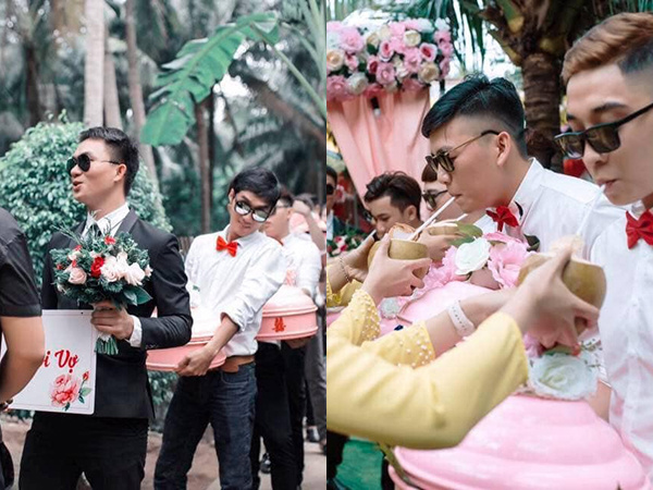 Đi hỏi vợ tại Bến Tre, chú rể và đoàn bê tráp bị bắt uống hết 100 quả dừa mới được vào nói chuyện với nhà gái