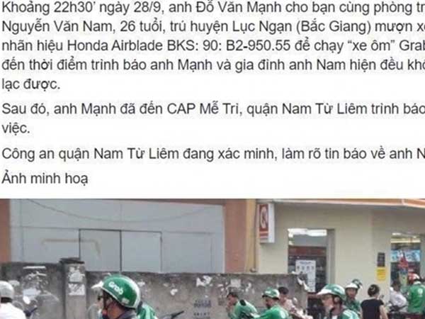Sự thực về tài xế Grab ở Hà Nội mất tích nhiều ngày