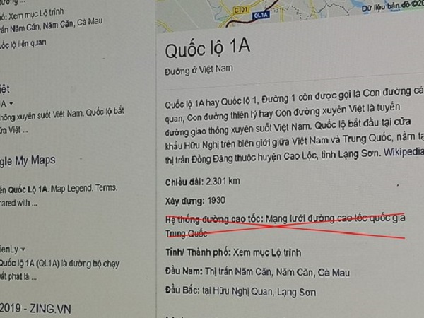 Google ghi quốc lộ 1A thuộc mạng lưới cao tốc Trung Quốc?