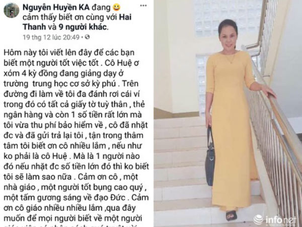 Cô giáo trẻ sử dụng Facebook để tìm người đánh rơi 32 triệu đồng