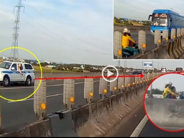 Mẹ đèo con phóng ngược chiều như bay trên cao tốc, CSGT phải vừa chạy lùi vừa phát loa gọi