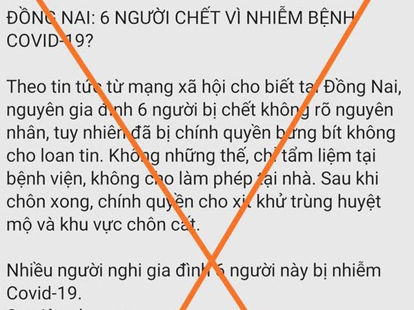Thông tin 6 người trong 1 gia đình chết do nhiễm Covid-19 ở Đồng Nai là sai sự thật