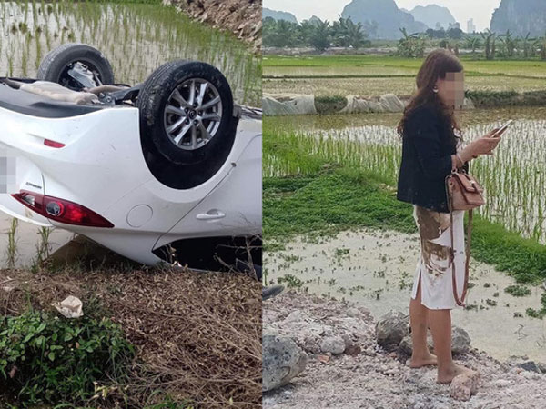 Ô tô Mazda lật ngửa dưới ruộng lúa, nữ tài xế phá cửa trèo ra ngoài