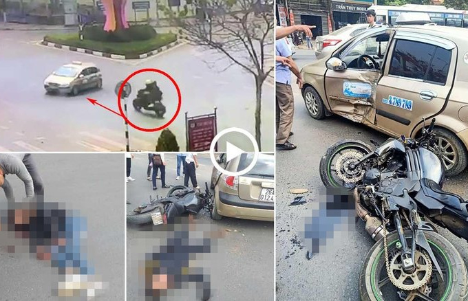 Xe phân khối lớn tông bẹp cánh cửa taxi đang sang đường, 2 người bị thương nặng