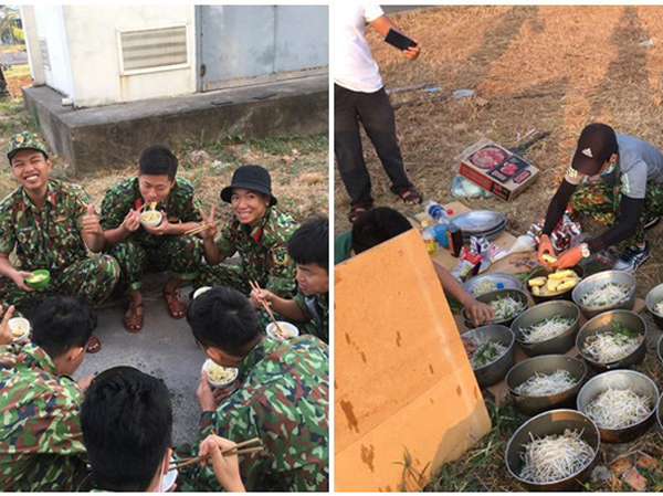 Bữa sáng là bát mì tôm và nụ cười không biết mệt mỏi của các chú bộ đội trước khi bước vào một ngày 'chiến đấu' mới