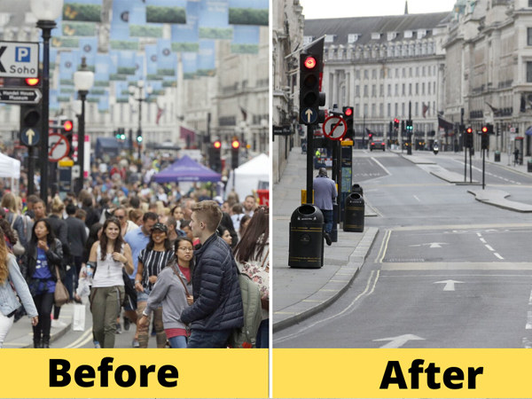 Loạt ảnh Before - After cho thấy London vắng lặng đến 'siêu thực' sau lệnh phong tỏa để chống dịch Covid-19