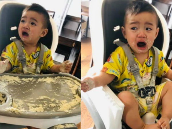Đưa hộp sữa cho con chơi để đi nấu cơm, lát sau mẹ trở tay không kịp với hậu quả, nhưng phản ứng của cậu bé mới buồn cười