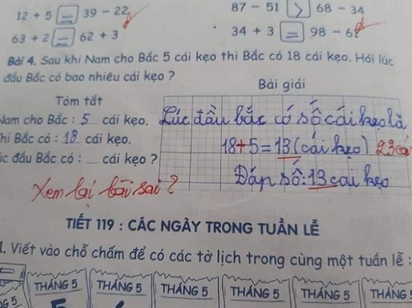 Yêu cầu tính số kẹo, học trò tính đúng 18-5=13 nhưng vẫn bị gạch bỏ: Dân mạng chỉ ra lỗi sai kinh điển của giáo viên