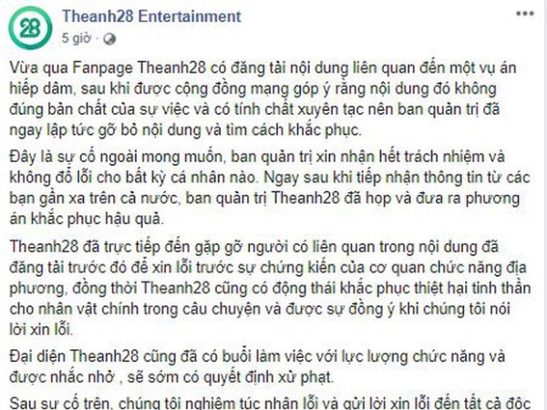 Theanh28 chính thức lên tiếng nhận lỗi về bài đăng xuyên tạc, cợt nhả nạn nhân vụ án hiếp dâm