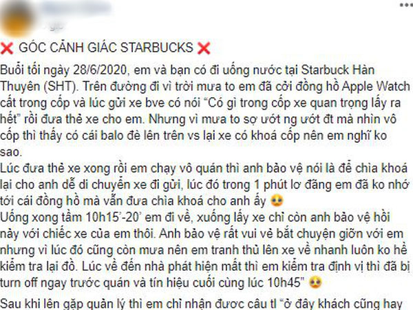 Liên tục nhiều khách hàng phản ánh mất đồ tại Starbucks Hàn Thuyên, giám đốc truyền thông lên tiếng: 'Cửa hàng không làm gì được cả'