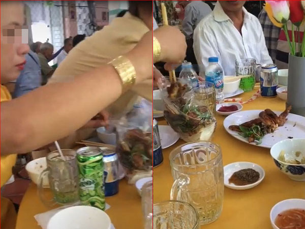 Lại chuyện 'ăn cỗ nhúm phần', người cùng mâm vẫn còn đang nâng bát, chị gái đã nhanh tay vơ nửa đĩa thịt vào túi mang về
