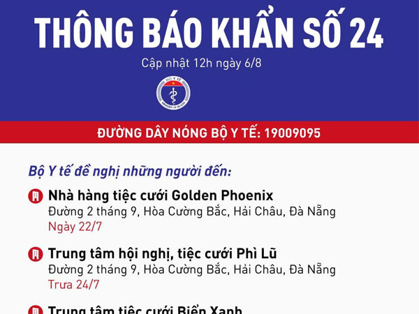 Bộ Y tế ra thông báo khẩn tìm người từng đến 3 trung tâm, nhà hàng tiệc cưới ở Đà Nẵng