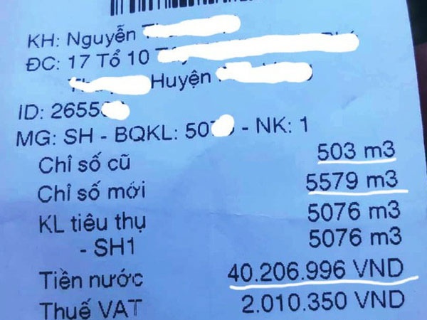 'Choáng váng' giấy báo tiền nước hơn 42 triệu đồng của 1 hộ gia đình