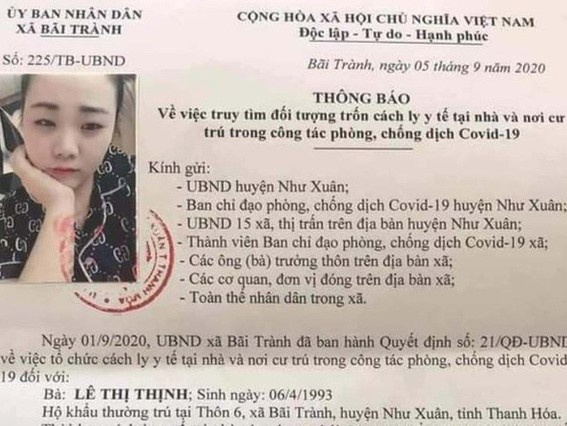 Thanh Hóa: Truy tìm cô gái sinh năm 1993 trốn cách ly y tế