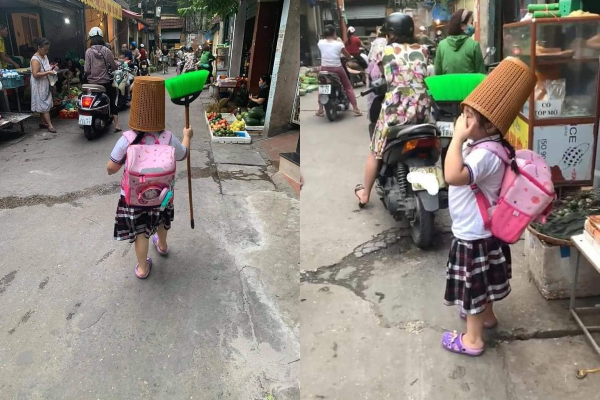Em bé học sinh đang đi bỗng dựng ngược chổi, úp rổ lên đầu: Hé lộ lý do khiến ai cũng phải cười nghiêng ngả