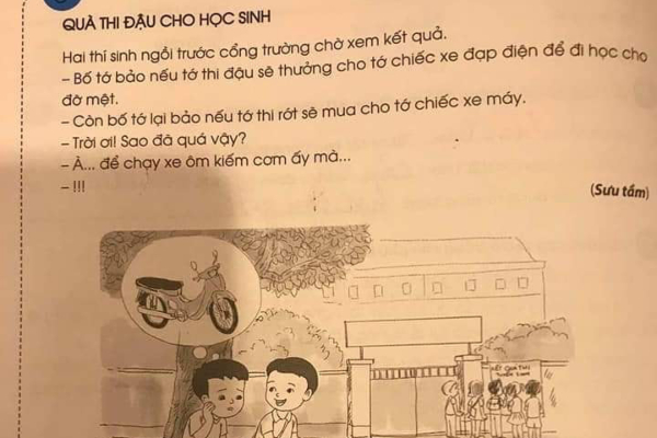 Nội dung trong sách Tiếng Việt lớp 2 gây sốc: Thi đậu chỉ thưởng xe đạp nhưng thi rớt được thưởng... xe máy???