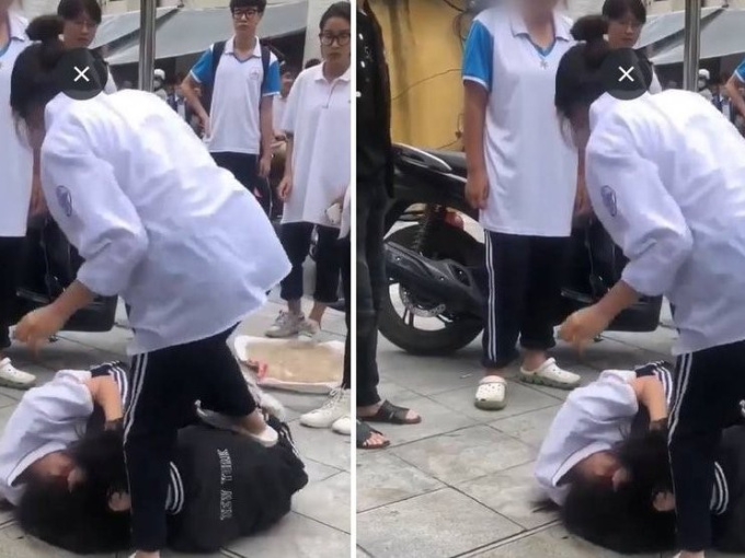 Xôn xao clip nữ sinh lớp 10 ở Hà Nội đánh nhau trước cổng trường