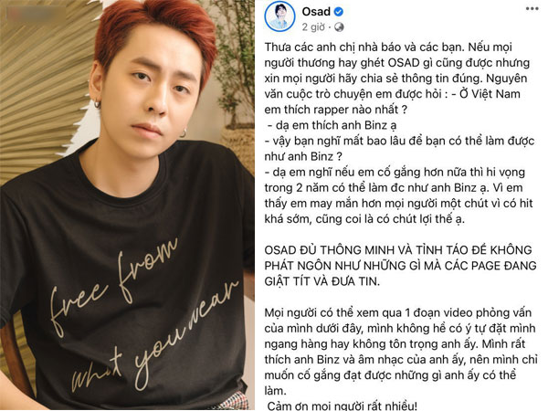 OSAD lên tiếng đính chính sau khi bị chỉ trích gay gắt về phát ngôn gây tranh cãi: 'Hai năm nữa tôi sẽ thay thế anh Binz'