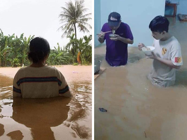 Chùm ảnh xót xa mùa mưa lũ Miền Trung: Nước ngập ngang bụng vẫn phải đứng ăn cơm, mẹ già co ro tấm chăn mỏng giữa mênh mông lũ chờ cứu hộ