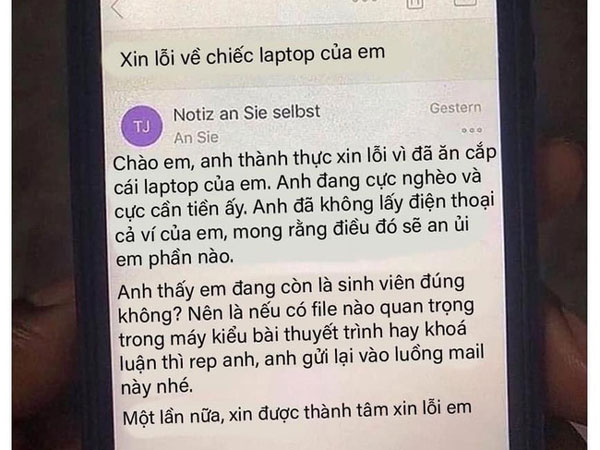 Pha trần tình 'gây lú' của tên trộm máy tính: An ủi nạn nhân 'anh không lấy điện thoại với ví', sẵn sàng tạo điều kiện cho lấy lại tài liệu