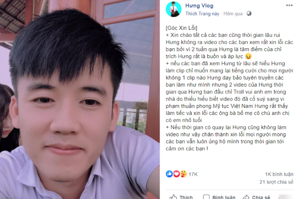 2 lần bị xử phạt vì video phản cảm, kênh Hưng Troll bất ngờ 'bốc hơi', Hưng Vlog cũng có hành động bất ngờ trên fanpage của mình