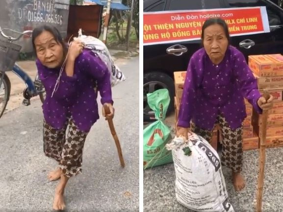 Clip: Cảm động cảnh cụ bà lưng còng 'cõng' bao quần áo và mì tôm gửi xe ủng hộ miền Trung