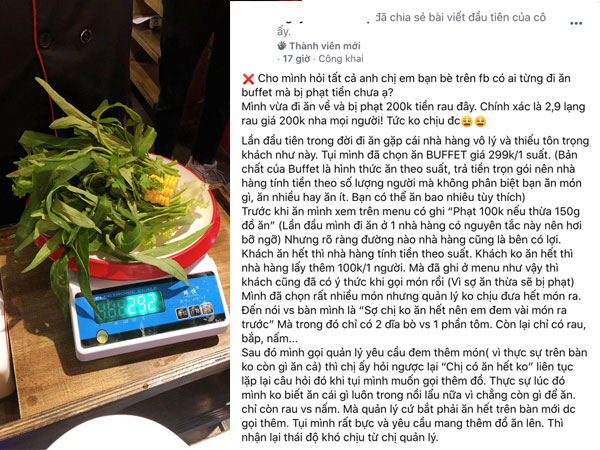 Ăn buffet bị phạt 200k vì thừa bó rau muống, thực khách đăng bài tố: Tôm thịt cá không có, còn rau bắt dùng hết nghĩ có ức không?