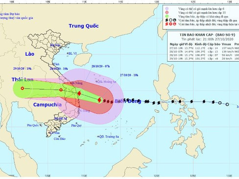 Bão số 9 đang tiến sát đất liền, hướng vào Đà Nẵng đến Phú Yên với sức gió giật cấp 15