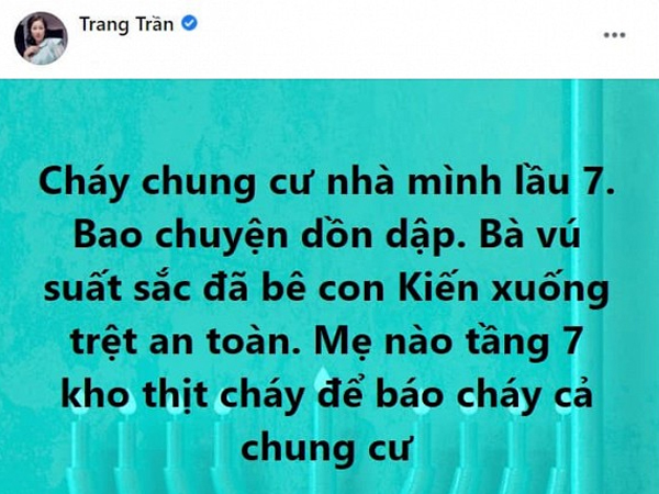 Trang Trần hoảng hốt khi chung cư báo cháy, con gái theo vú em tháo chạy thoát thân