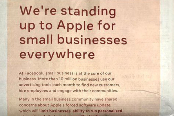 Facebook đăng quảng cáo toàn trang trên báo, để chỉ trích những thay đổi quyền riêng tư trên iOS 14 của Apple