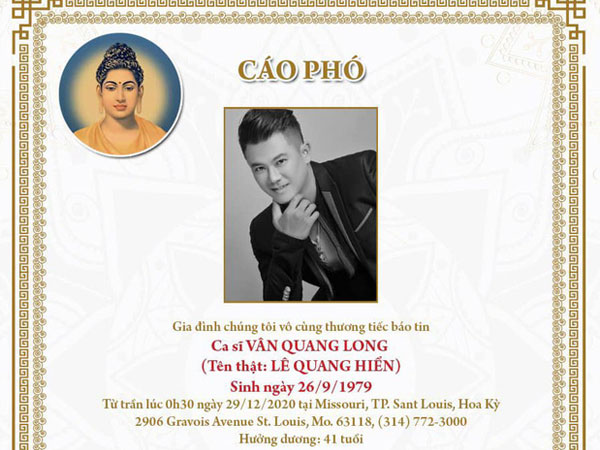 Ưng Hoàng Phúc đăng cáo phó, thông báo chính thức về tang lễ của ca sĩ Vân Quang Long ở Việt Nam