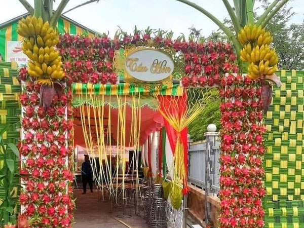 Cười bò với chiếc cổng cưới được làm từ quả thanh long và chuối, khách đến dự tiệc xong có thể tiện tay vặt một trái về nhà?