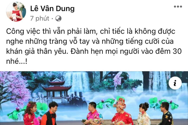 NS Vân Dung đăng status nói về thông tin đêm diễn cuối của Táo Quân 2021 ghi hình không có khán giả vì Covid-19
