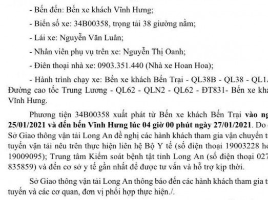 Tìm hành khách trên chuyến xe giường nằm 38 chỗ từ Hải Dương đi Long An