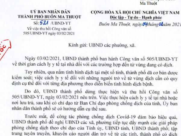 Thu hồi công văn yêu cầu cách ly công dân từ TP HCM, Bình Dương về quê ăn Tết