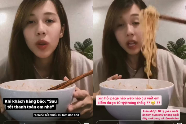 Hậu Hoàng vừa ăn mukbang mì tôm vừa đáp trả gay gắt tin đồn 'thu nhập 10 tỷ/tháng'