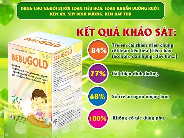 Kết quả đánh giá lâm sàng: 84% trẻ em cải thiện rối loạn tiêu hóa (tiêu chảy, táo bón, đau bụng, đầy hơi,...), biếng ăn sau 2 tháng sử dụng cốm vi sinh BEBUGOLD