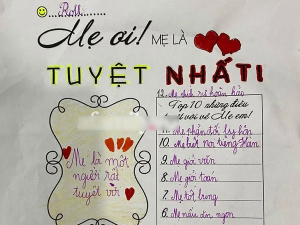 Nghe cô giáo gợi ý, cậu bé lớp 3 'đưa mẹ lên tận mây xanh' với 12 lời khen tuyệt vời, nhưng điều thứ 11 mới khiến dân tình choáng váng