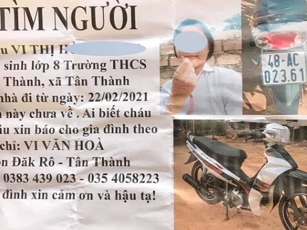 Thông báo tìm kiếm nữ sinh 14 tuổi mất liên lạc hơn nửa tháng