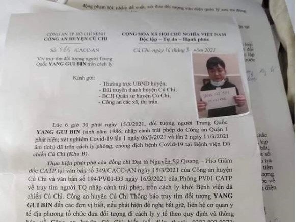 Công an truy tìm người đàn ông quốc tịch Trung Quốc trốn khỏi khu cách ly ở Bệnh viện dã chiến Củ Chi
