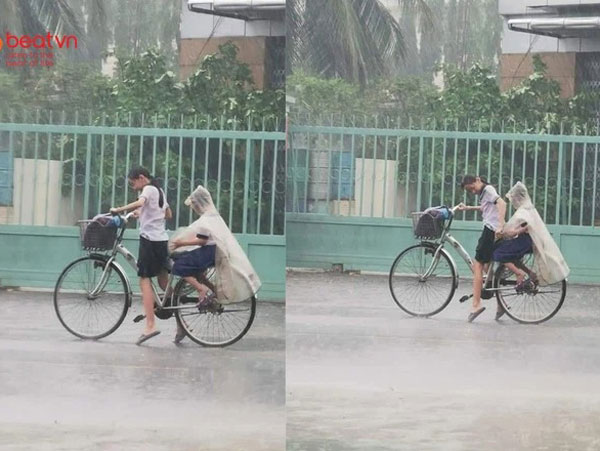 Hình ảnh chị gái vật lộn đèo em giữa trời mưa khiến người đi đường xúc động