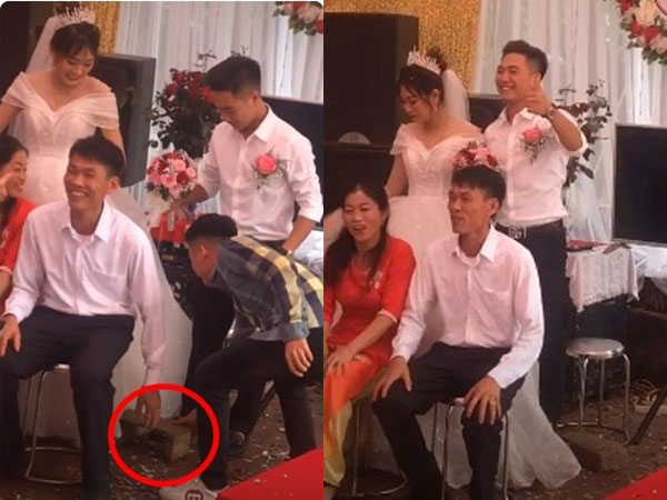 Thanh niên thấy bạn thấp hơn vợ trong ngày cưới liền mang ghế ra giúp