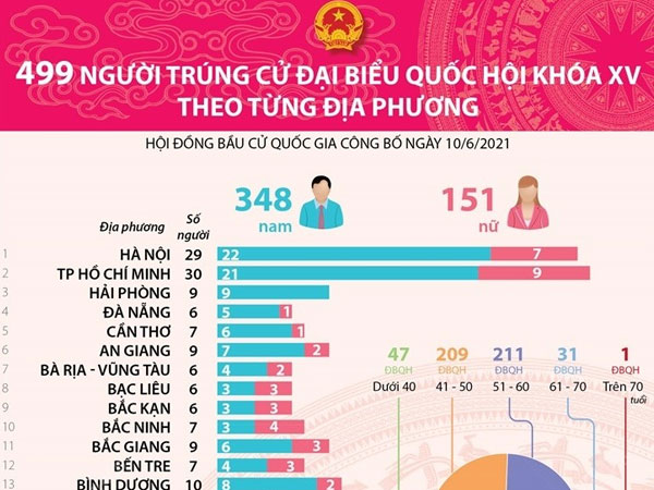 Infographic 499 đại biểu Quốc hội khóa XV theo từng địa phương