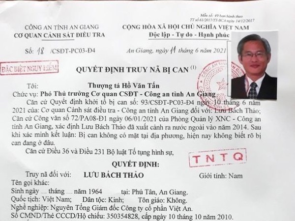 Nguyên Tổng giám đốc Công ty Việt An bị truy nã đặc biệt nguy hiểm