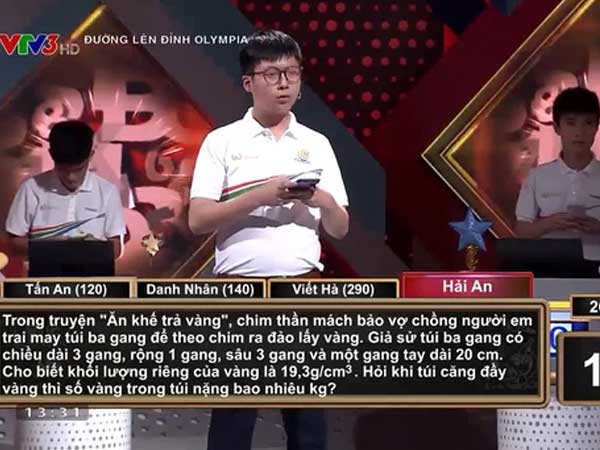 Câu hỏi Olympia tính cân nặng số vàng ở túi ba gang trong truyện Ăn Khế Trả Vàng, nhưng lại gây tranh cãi vì một chi tiết vô lý
